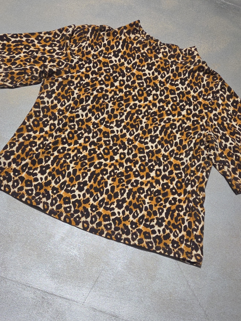 Anthropologie Short Sleeve Leopard Print Mock Neck Top - Brown/Black/Cream